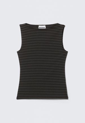 Top preto sem mangas com finas riscas verticais, feito de tecido leve. Apresenta um decote arredondado e um design sem mangas. Etiqueta da marca visível nas costas.