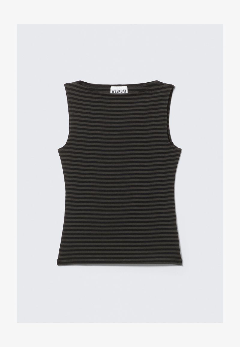 Schwarzes Tanktop mit dünnen vertikalen Streifen, aus leichtem Material gefertigt. Hat einen runden Ausschnitt und ärmelloses Design. Markenetikett auf der Rückseite sichtbar.