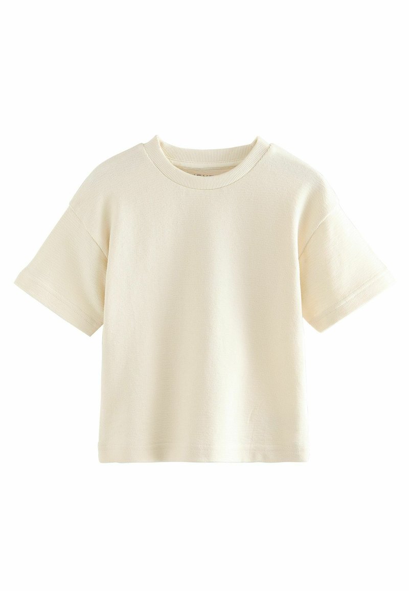 Cremefarvet, kortærmet t-shirt lavet af ribbet stof. Har en rund halsudskæring og en afslappet pasform. Glat tekstur og enkelt design.