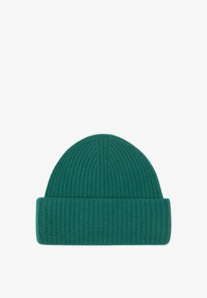 Bonnet en maille côtelée teal avec revers. Fabriqué en laine douce, il présente des lignes verticales texturées et un sommet bien arrondi.
