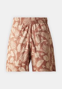 Shorts with an elastic waistband, feature a faded terracotta color and a cream botanical pattern of leaves and birds.