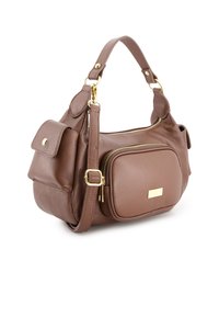 Braune Lederhandtasche mit strukturiertem Finish, goldenen Beschlägen, einem Schultergurt und einer vorderen Reißverschlusstasche. Enthält eine kleine Seiten Tasche.