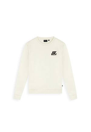 Crèmekleurige sweater met lange mouwen en een ronde hals, met een zwart "BL BALLIN" logo op de bovenste linkerborst.