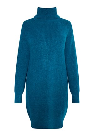 Teal värvitud kudumkleit kõrge kaelusega, pikad varrukad ja mugav lõige. Omab tekstuuriga mustrit ja soonikuid varrukaotsi.