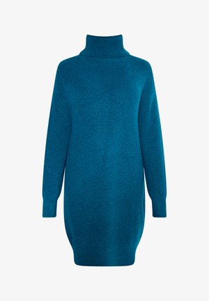 Teal Strickkleid mit hohem Rollkragen, langen Ärmeln und lässiger Passform. Verfügt über ein strukturiertes Muster und gerippte Ärmelbündchen.