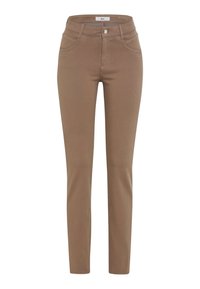 Braune Slim-Fit-Hosen aus einem dehnbaren Baumwollmischmaterial, mit Five-Pocket-Design und einem Knopfverschluss an der Taille.