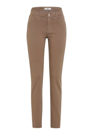 Brown slim-fit pants made of stretchy cotton blend material, featuring five-pocket styling and a button closure at the waist.