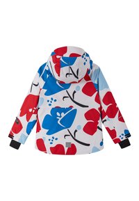 Wasserdichte Jacke mit einem weißen Hintergrund und auffälligen rot, blau und schwarz gemusterten Blumen, langen Ärmeln und Kapuze.