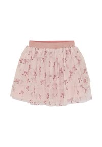 Jupe en tulle rose pâle avec texture superposée, ornée de nœuds rouges brodés et d'une taille pailletée.