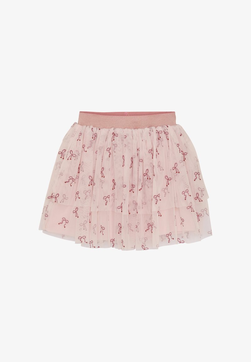 Helles rosa Tüllrock mit geschichteter Textur, verziert mit gestickten roten Schleifen und einem glitzernden Taillenbund.