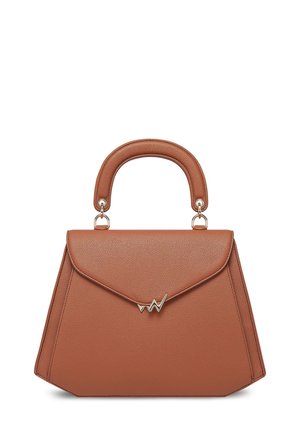 Brown textured leather handbag with a structured design, a top handle, a flap closure, and a decorative metal accent on the front.