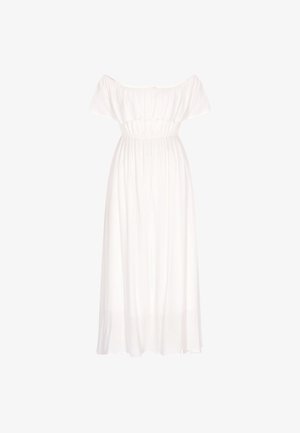 Weißes Maxikleid mit schulterfreiem Schnitt, elastischem Bund und weiter, fließender Rock aus leichtem Stoff.