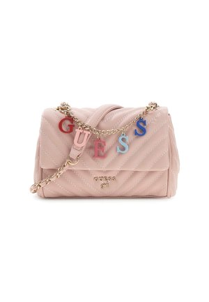 Quilted pink faux leather handbag with gold chain and decorative letter charms spelling "GUESS." Features a flap closure and engraved logo.