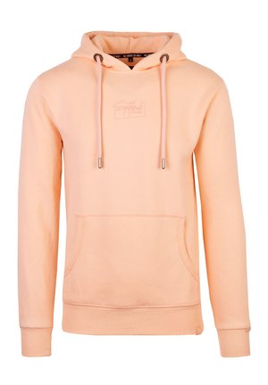 Perzikkleurige hoodie van een zachte katoenmix, met een kangoeroezak, een capuchon met trekkoord en ribgebreide boorden en zoom. Geborduurd logo op de voorkant.