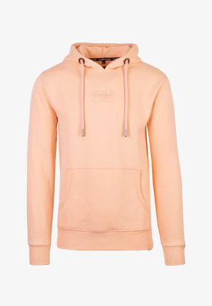 Perzikkleurige hoodie van een zachte katoenmix, met een kangoeroezak, een capuchon met trekkoord en ribgebreide boorden en zoom. Geborduurd logo op de voorkant.