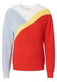 Neulepaita, jossa on väriblokkimuotoilu punaisesta, valkoisesta, sinisestä ja keltaisesta. Paitassa on pyöreä pääntie sekä ribattu hihansuu ja helma.