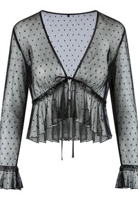 Zwarte blouse van sheer stof met een polka dot print, lange mouwen, V-halslijn, gerimpelde zoom en striksluiting aan de voorkant. Textuur van gaasweefsel.