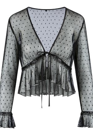 Schwarze Bluse aus transparenter Stoff mit Polka-Dots, langen Ärmeln, V-Ausschnitt, Rüschenborte und Bindeband vorne. Strukturierter Netzstoff.