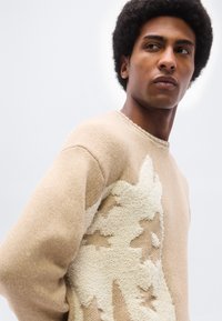 Άνδρας με αφροαμερικάνικο χτένισμα που φοράει μπεζ πουλόβερ με λευκό υφασμένο μοτίβο φύλλου, κοιτάζοντας προς το πλάι σε απλό ανοιχτό φόντο.