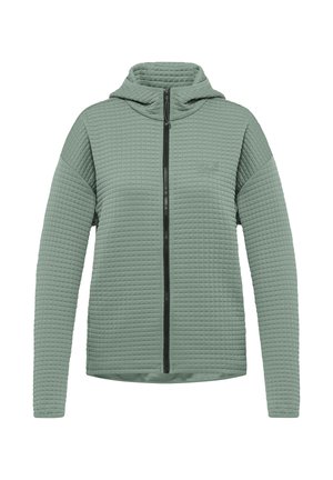 Veste matelassée vert clair à fermeture éclair avec capuche et manches longues, présentant un motif quadrillé discret et une fermeture éclair à l'avant.
