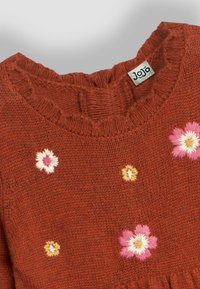 Maglione lavorato a maglia di colore ruggine con scollatura a coste, decorato con fiori ricamati in rosa, bianco e giallo. Etichetta del marchio visibile sul collo.