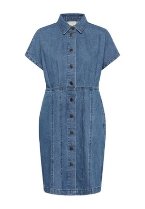 Sininen farkkumekko, jossa on lyhyet hihat, edessä napitus, kaulus ja saumanmuotoilu kauluksesta helmaan.