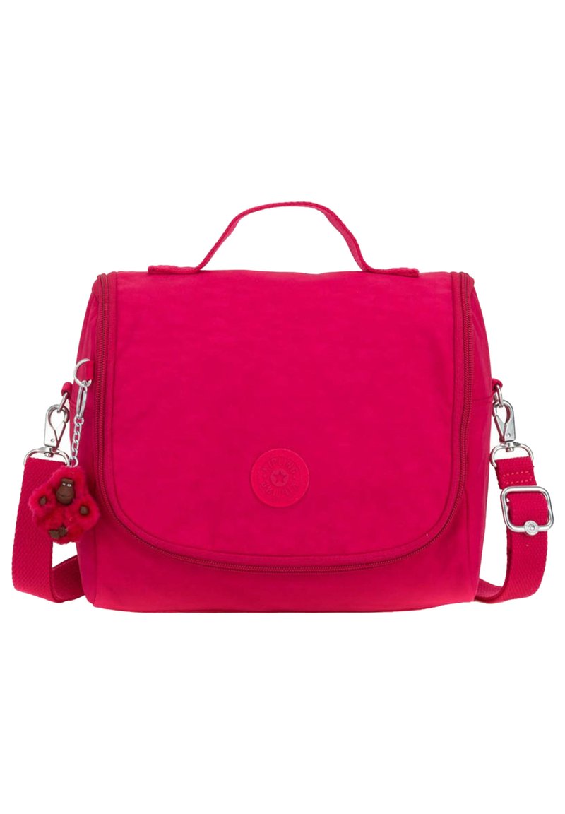 Sac bandoulière rose avec fermeture éclair, tissu texturé, design plat, bandoulière détachable, porte-clés décoratif et logo circulaire à l'avant.