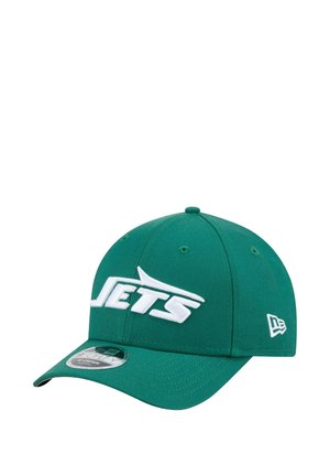 Grüne Kappe mit gebogenem Schirm, die auf der Vorderseite ein weiß gesticktes "JETS"-Logo und ein kleines Logo-Highlight an der Seite aufweist.