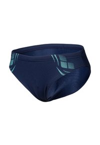 Slip da bagno da uomo blu navy con accenti geometrici azzurri sui lati, realizzati in tessuto liscio ed elastico.