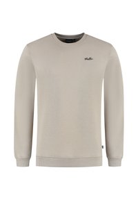 Beige crewneck sweatshirt met lange mouwen, ribgebreide boorden en zoom, en een klein "Ballin" logo op de linker borst.
