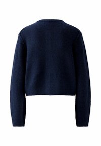 Marineblauer, kurz geschnittener Pullover mit langen Ärmeln, aus einem weichen, strukturierten Stoff, mit rundem Ausschnitt und gerippten Bündchen und Saum.