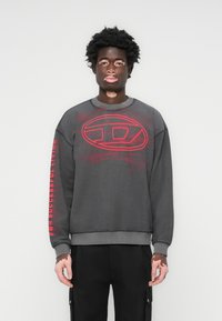 Grå sweatshirt laget av mykt stoff, med en stor rød grafisk logo p�å fronten og rød tekst på venstre erme. Avsluttet med ribbede ermer.