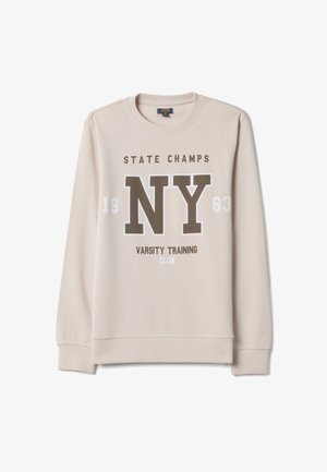 Beige Sweatshirt mit dem Aufdruck "STATE CHAMPS", großem "NY", "19 63" und "VARSITY TRAINING CLUB" in braun-weiß auf der Vorderseite.