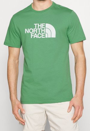 Mężczyzna w zielonym T-shircie z krótkim rękawem z białym logo "The North Face" i jasnych szortach.