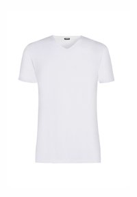 T-shirt bianco a maniche corte con scollo a V realizzato in tessuto morbido, caratterizzato da una texture liscia e un fit classico senza motivi o dettagli visibili.