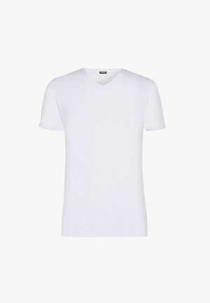 Weißes Kurzarm-V-Ausschnitt-T-Shirt aus weicher Stoffqualität, mit glatter Textur und klassischem Schnitt ohne sichtbare Muster oder Akzente.