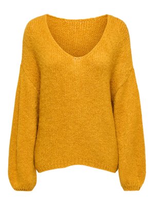 Pull oversize jaune moutarde avec un col en V profond, un motif en maille texturée, et des manches ballon, avec des poignets et un ourlet côtelés.