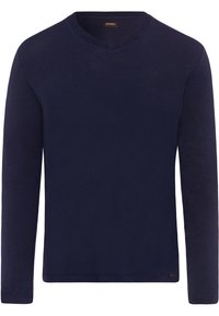 Maglietta navale a maniche lunghe con scollatura a V realizzata in tessuto morbido, con una texture liscia e un piccolo etichetta con il marchio all'orlo. Design semplice e aderente.