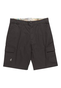 Black cargo shorts made of lightweight fabric, featuring front and side pockets, a button closure, and a patterned waistband lining.
