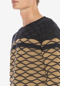 Strickpullover in Erdtönen mit einem schwarzen geometrischen Muster über einem beigefarbenen Grund, tiefem V-Ausschnitt und strukturiertem Stoff.