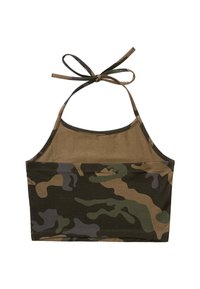 Top court sans manches à col halter avec imprimé camouflage marron et vert, noué au cou avec des bretelles en tissu assorties.
