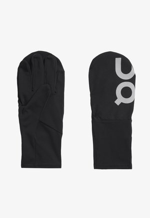 Black gloves with a mixed material design, featuring a fingerless left side and a full mitt right side, accented by a gray logo.