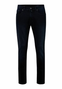 Schmale schwarze Jeans aus Denim mit Fronttaschen, Gürtelschlaufen und Knopfverschluss, vor einem weißen Hintergrund angezeigt.