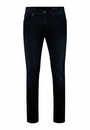 Schmale schwarze Jeans aus Denim mit Fronttaschen, Gürtelschlaufen und Knopfverschluss, vor einem weißen Hintergrund angezeigt.