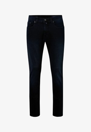 Schmale schwarze Jeans aus Denim mit Fronttaschen, Gürtelschlaufen und Knopfverschluss, vor einem weißen Hintergrund angezeigt.
