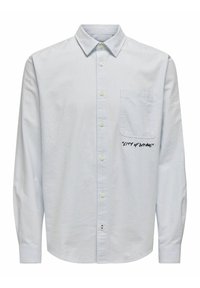 Gestreept langärmelig shirt in lichtblauw en witte katoen. Voorzien van een button-down kraag, een borstzak en geborduurde tekst "CITY OF DREAMS".