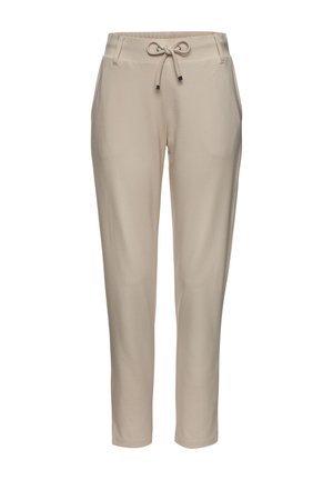 Beige joggerbroeken met een trekkoord in de taille, zijzakken en een taps toelopend ontwerp. Gladde textuur zonder zichtbare patronen of accenten.