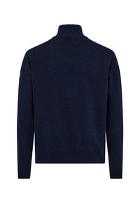 Navy pullover sweater with a high collar, textured knit pattern, and ribbed cuffs. Features a small logo on the left sleeve.