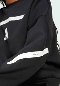 Black sweatshirt featuring white stripes across the shoulder and arm with the word "SPORTSWEAR" printed on the sleeve. Soft texture.