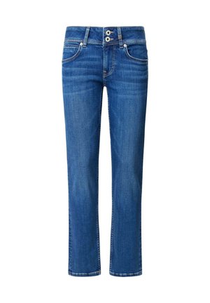Denim jeans with a straight leg design, mid-rise waist, two-button closure, and slight fading. Classic blue color with standard five-pocket style.